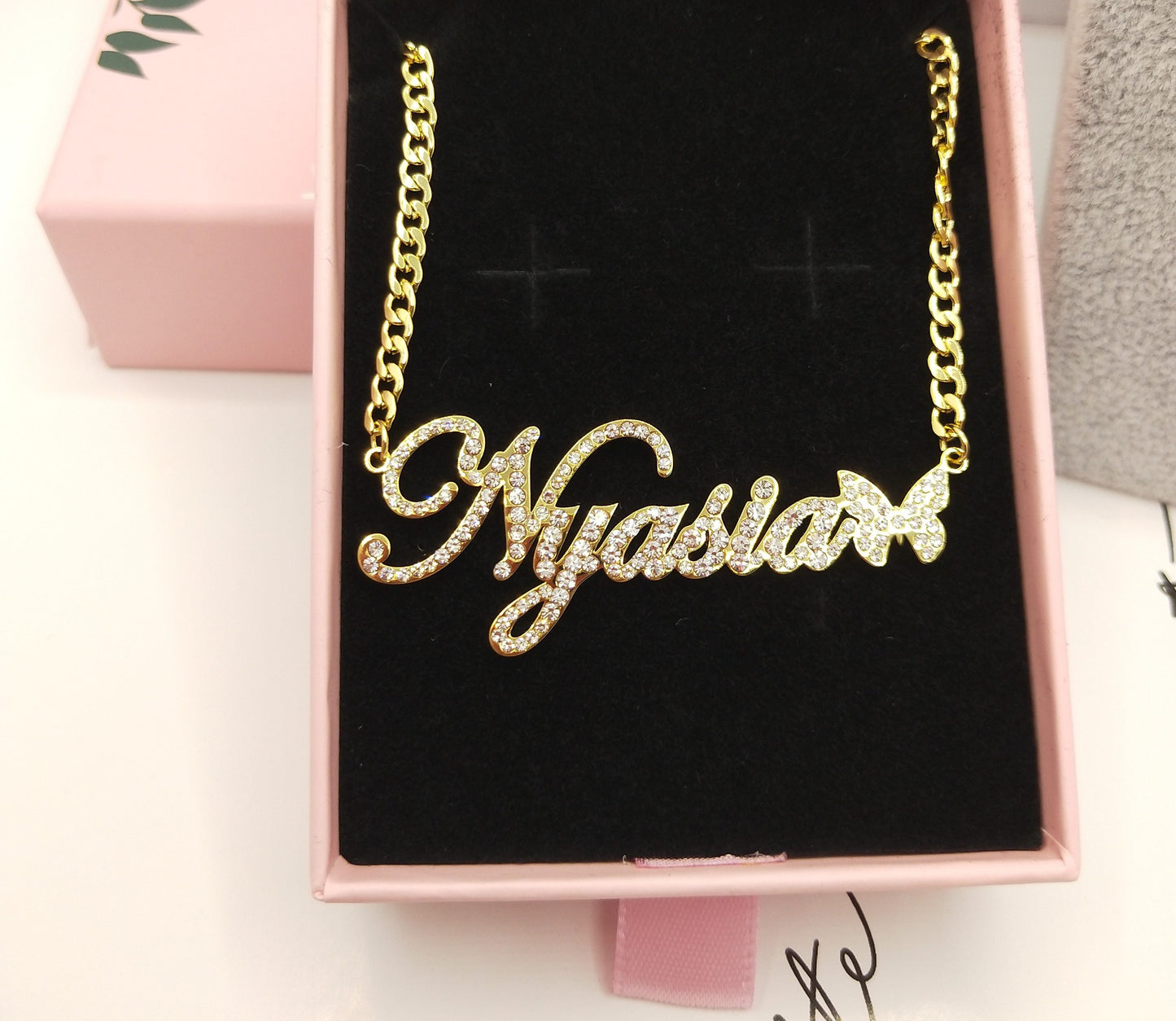 Custom name necklace with butterfly crystal, high-quality and affordable, from Queendom Treasurez