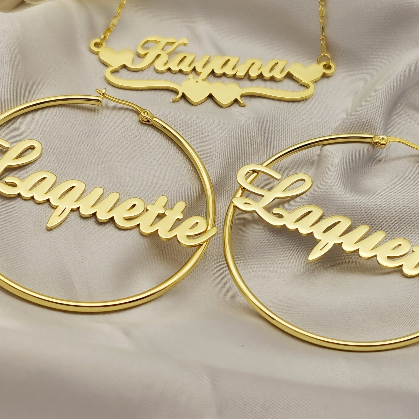 Custom name earrings and heart necklace set with personalized details and elegant design, Queendom Treasurez.