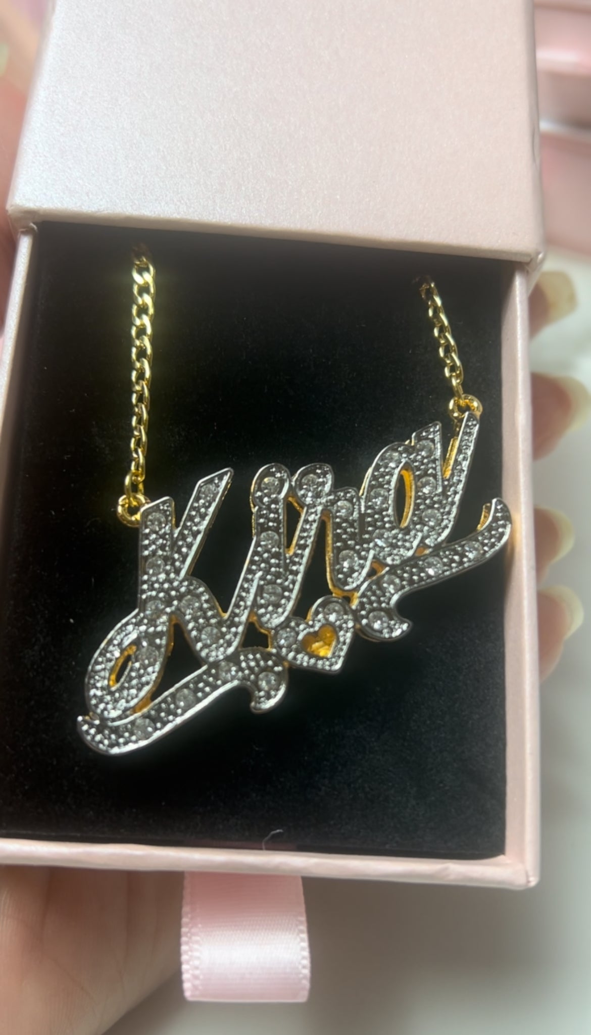 Double-plated crystal custom name necklace with personalized engraving and crystal accents, gold or silver finish – Queendom Treasurez.






