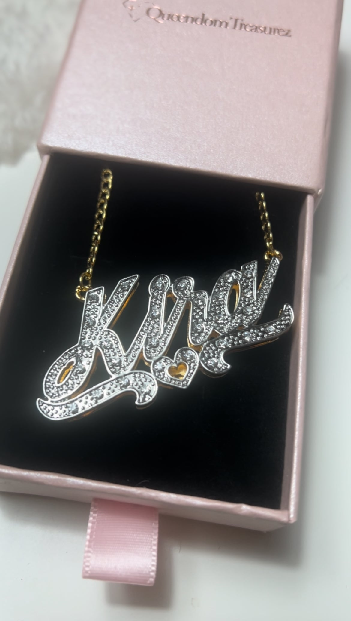 Double-plated crystal custom name necklace with personalized engraving and crystal accents, gold or silver finish – Queendom Treasurez.






