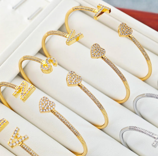 Crystal Initial Letter Cuff Bangle Bracelet - Queendom Treasurez 