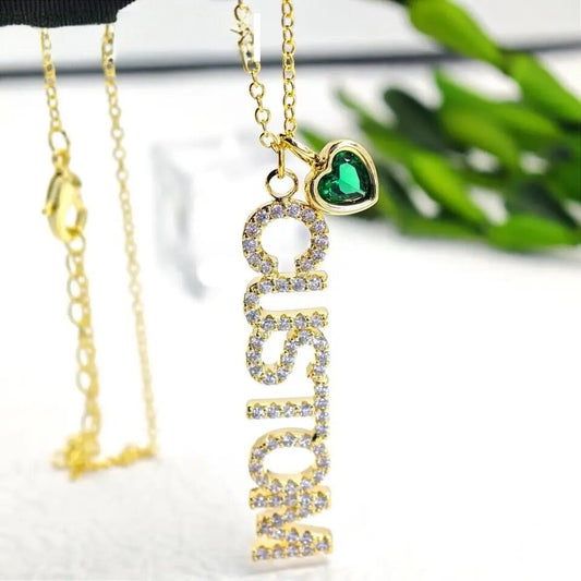 Vertical Crystal Custom Name & Birthstone Necklace - Queendom Treasurez 