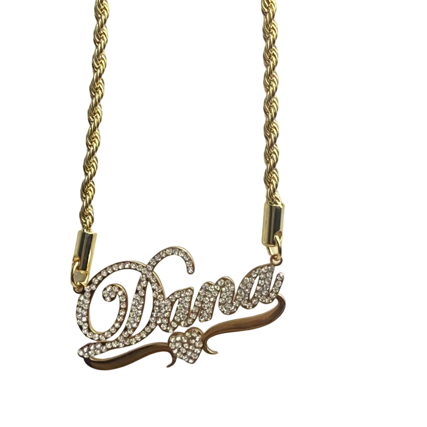 Gold necklace with a decorative clasp on a light gray background