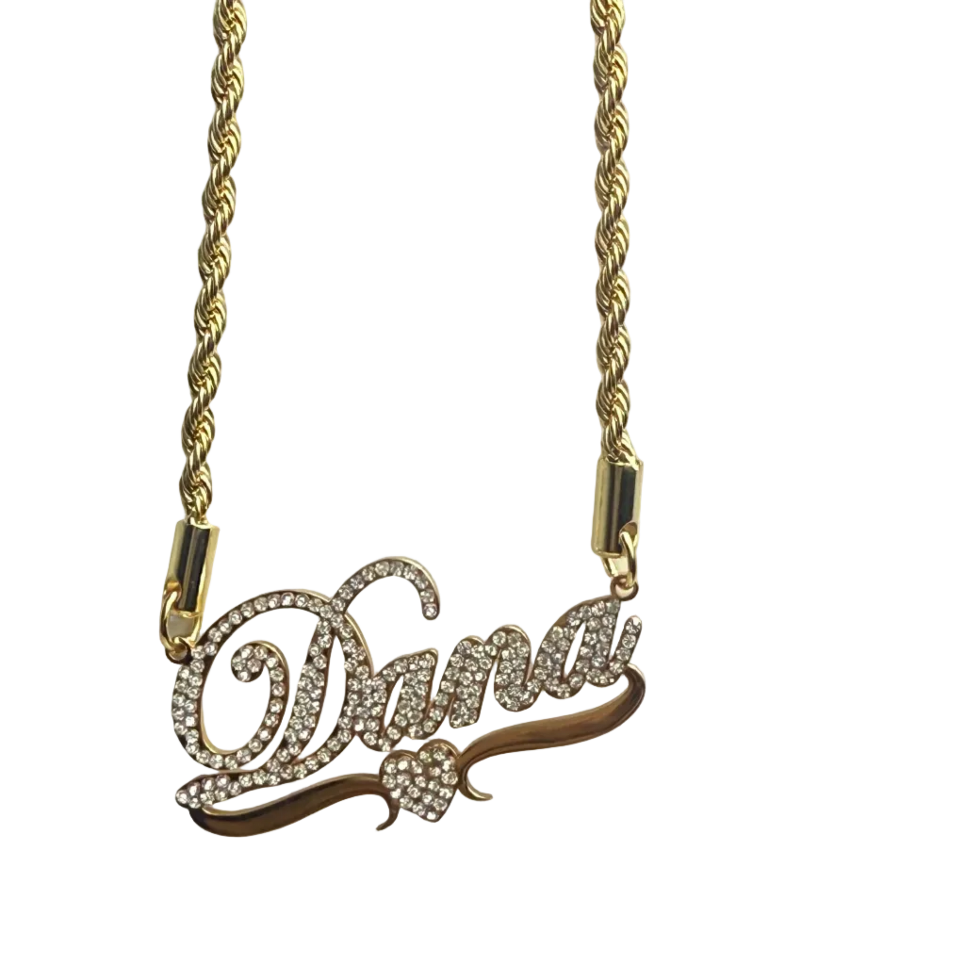 Gold necklace with a decorative clasp on a light gray background