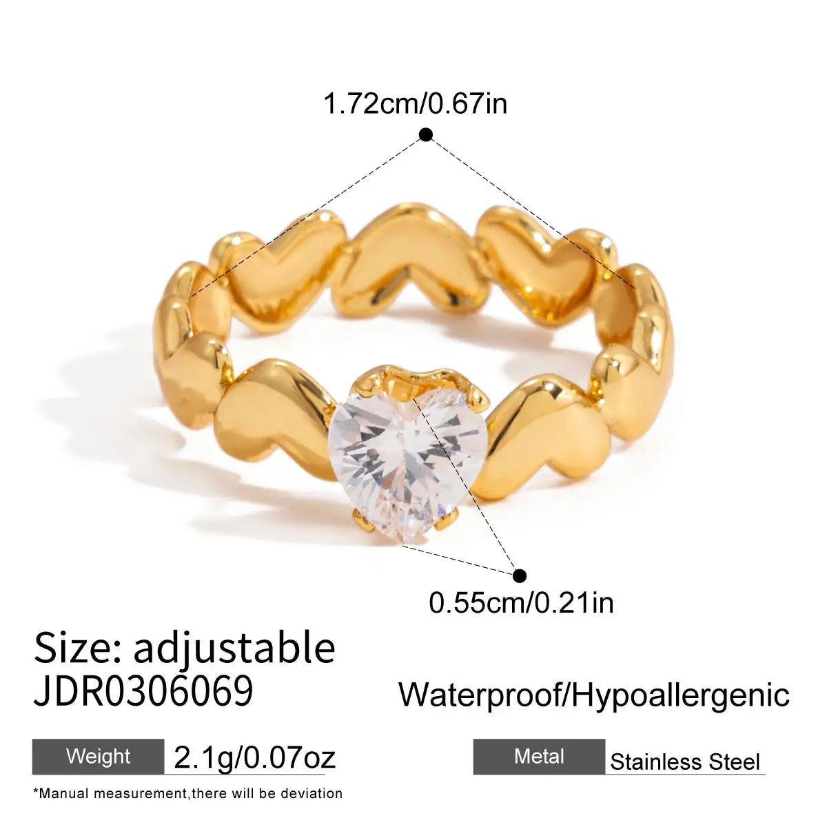 Gold ring with a clear gemstone, showing measurements and product details on a white background.