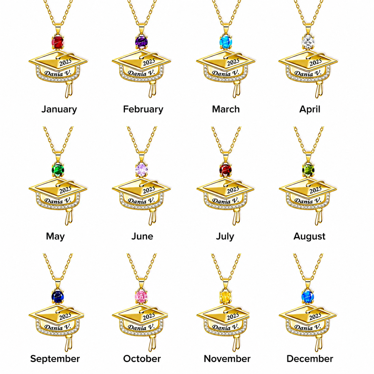 Custom Graduation Cap Name Necklace with Birthstone – Class of Senior Pendant