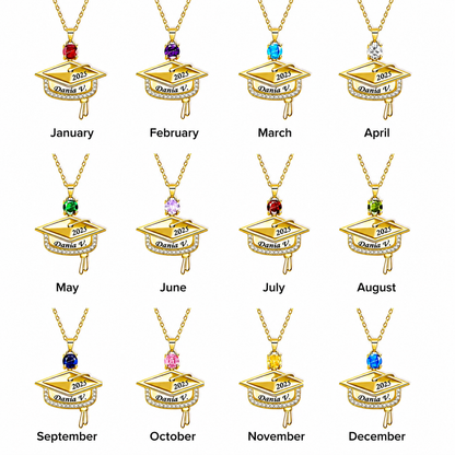 Custom Graduation Cap Name Necklace with Birthstone – Class of Senior Pendant