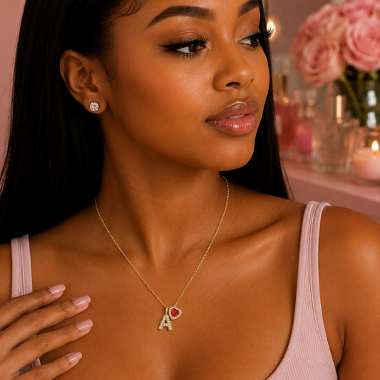 A woman wearing a delicate gold initial necklace with the letter 'A' and a small red heart, paired with a matching stud earring, in a soft pink setting.