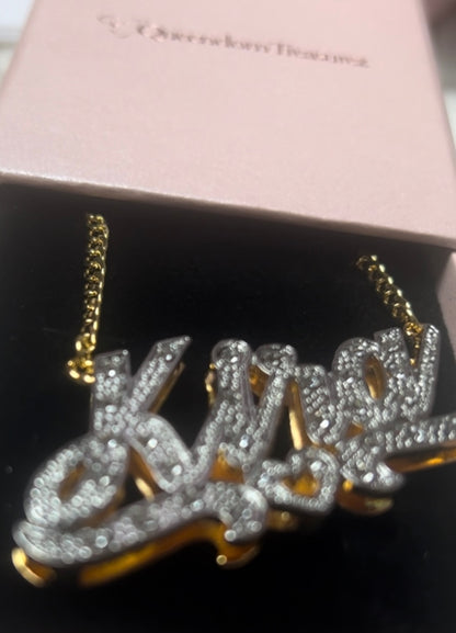 Double-plated crystal custom name necklace with personalized engraving and crystal accents, gold or silver finish – Queendom Treasurez.






