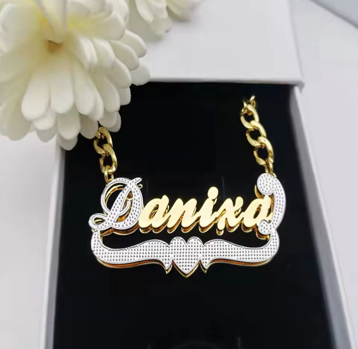 3D Double Plated Custom Nameplate Necklace with a unique, personalized design—Queendom Treasurez.