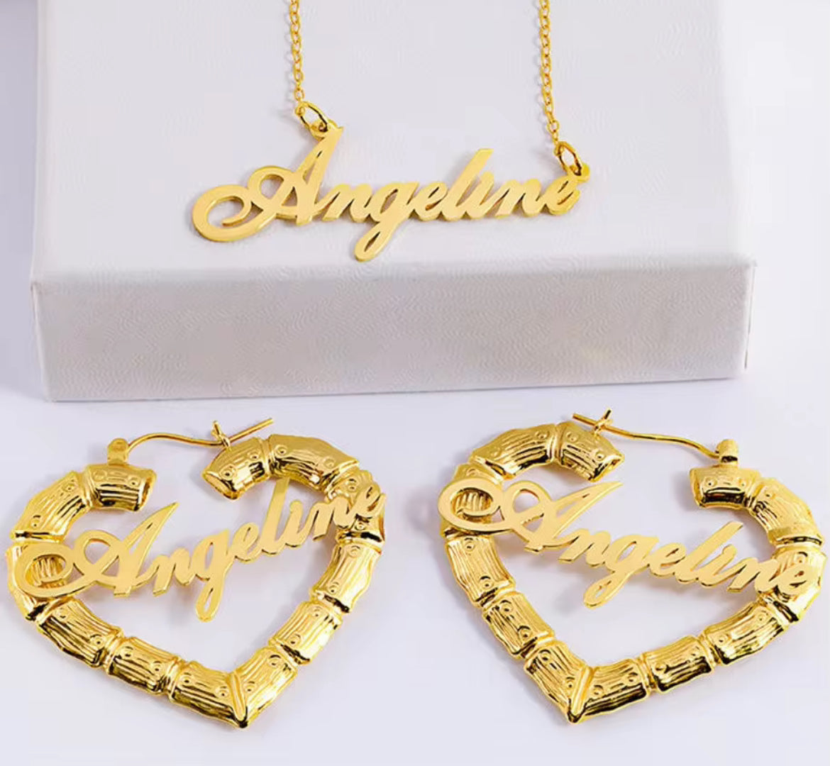 Custom name heart bamboo jewelry set with elegant heart-shaped design and personalized detail, Queendom Treasurez.