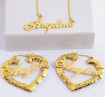 Custom name heart bamboo jewelry set with elegant heart-shaped design and personalized detail, Queendom Treasurez.