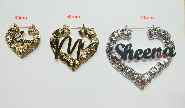 Heart Shape Bamboo Custom Name Earrings - Queendom Treasurez 