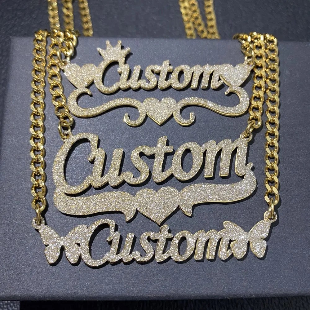 Glitter Bling Custom Crown Name Necklace With 3mm Cuban Chain - Queendom Treasurez 