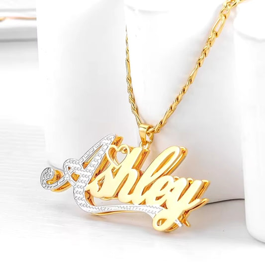 3D Double Plated Custom Name & Heart Accent Necklace