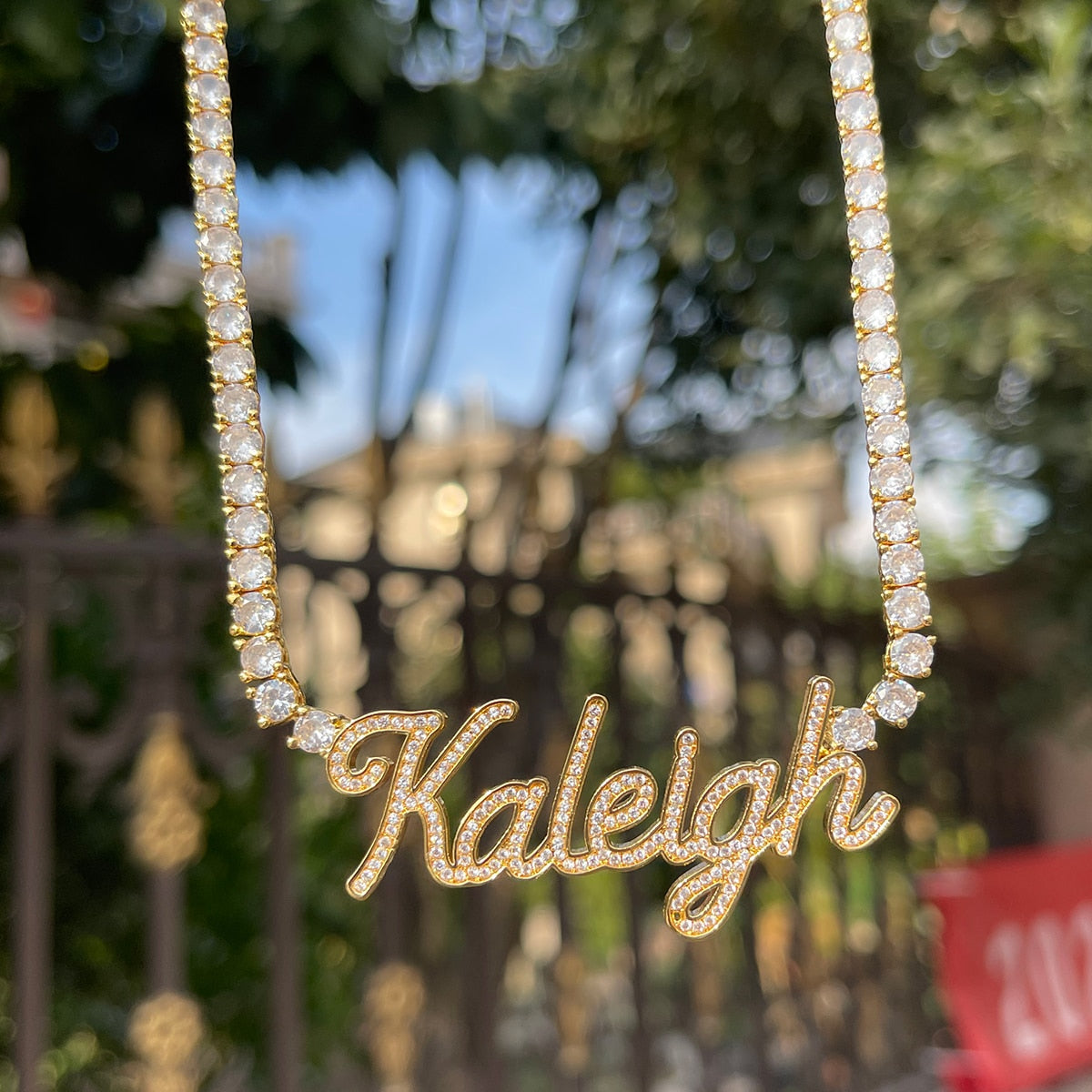 Iced-out Classy Girl custom name tennis necklace with personalized engraving and sparkling stones – Queendom Treasurez.