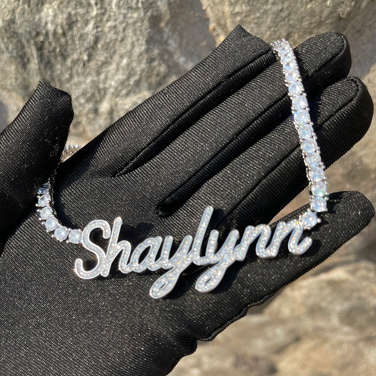 Iced-out Classy Girl custom name tennis necklace with personalized engraving and sparkling stones – Queendom Treasurez.