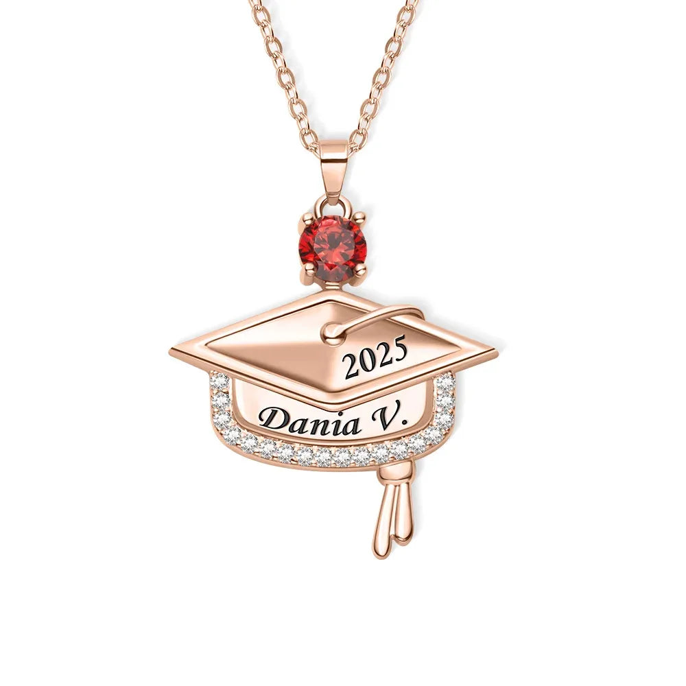 Rose gold graduation cap pendant with graduation year and custom name engraved