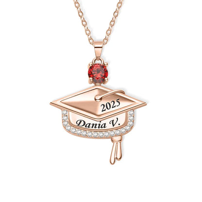 Rose gold graduation cap pendant with graduation year and custom name engraved