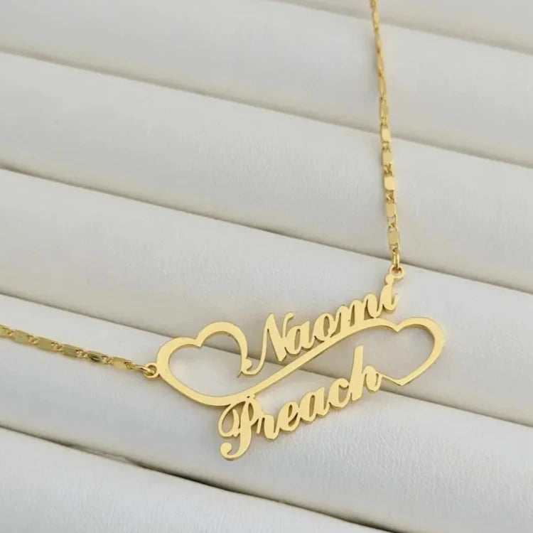 Double Heart Linked Custom Nameplate Necklace