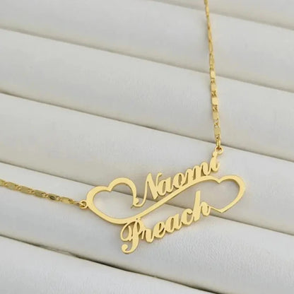 Double Heart Linked Custom Nameplate Necklace