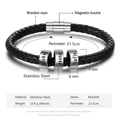 Men's custom engraved name braided leather bracelet with personalized engraving – Queendom Treasurez.