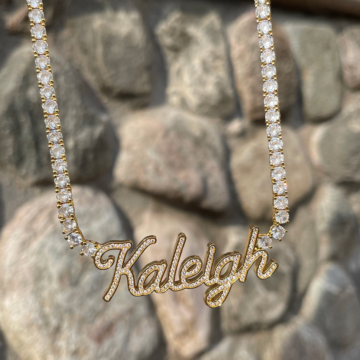 Iced-out Classy Girl custom name tennis necklace with personalized engraving and sparkling stones – Queendom Treasurez.