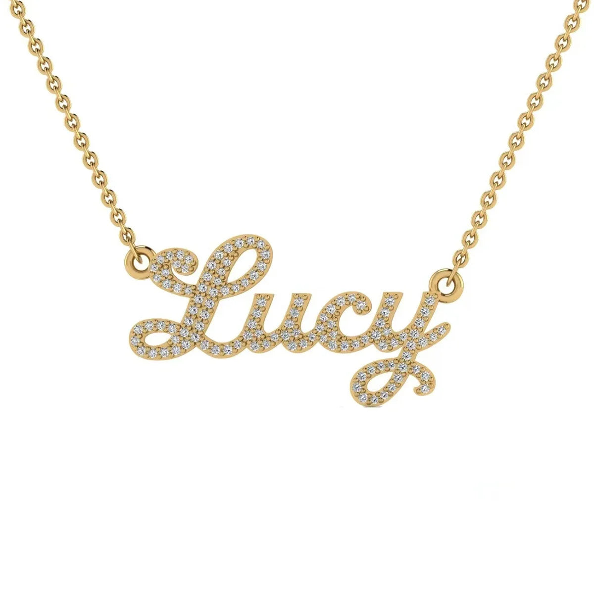 Gold necklace with 'Lucy' pendant on a white background