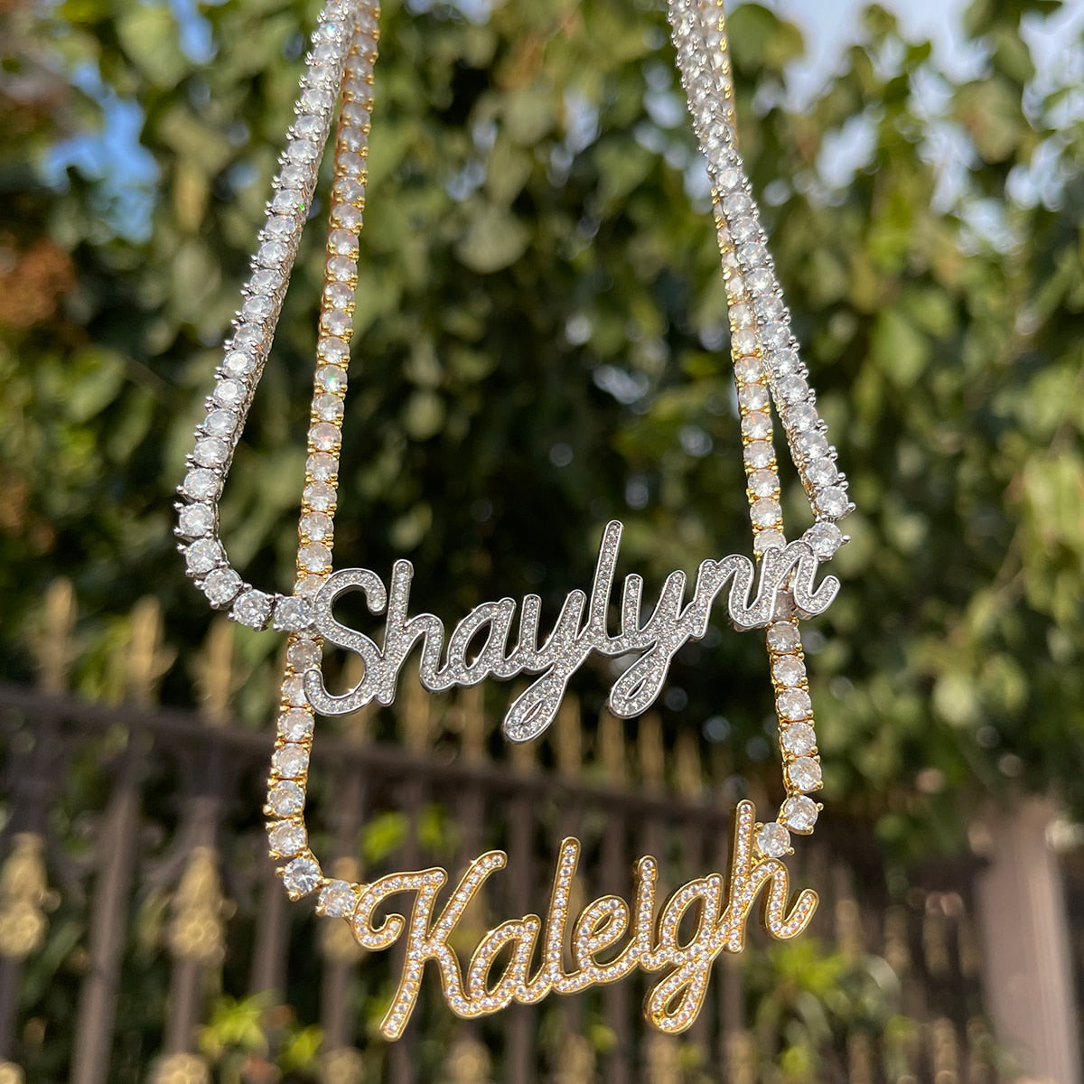 Iced-out Classy Girl custom name tennis necklace with personalized engraving and sparkling stones – Queendom Treasurez.