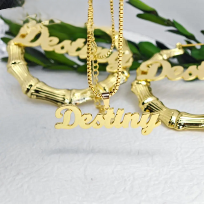 Custom Name Bamboo Hoop Earrings & Necklace Set