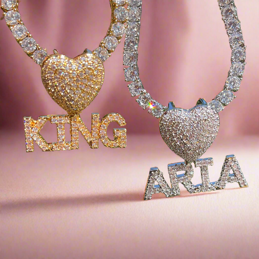 Iced Out Custom Name Necklace w/ Heart Bail