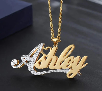 3D Double Plated Custom Name & Heart Accent Necklace