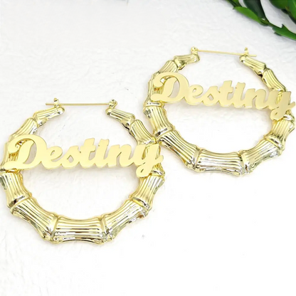 Custom Name Bamboo Hoop Earrings & Necklace Set