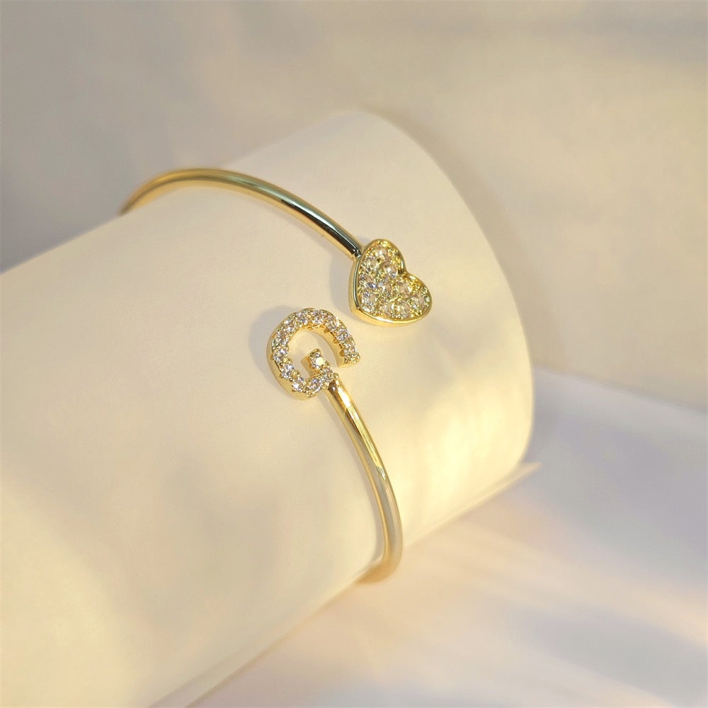 Custom Initial Letter Heart Cuff Bangle Bracelet - Queendom Treasurez 