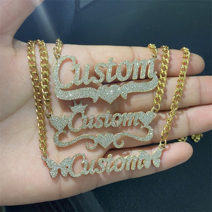 Glitter Bling Custom Name Necklace With 3mm Cuban Chain - Queendom Treasurez 