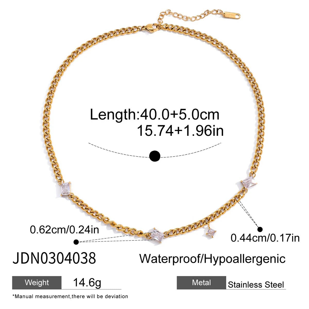 Gold necklace with measurement details on a white background