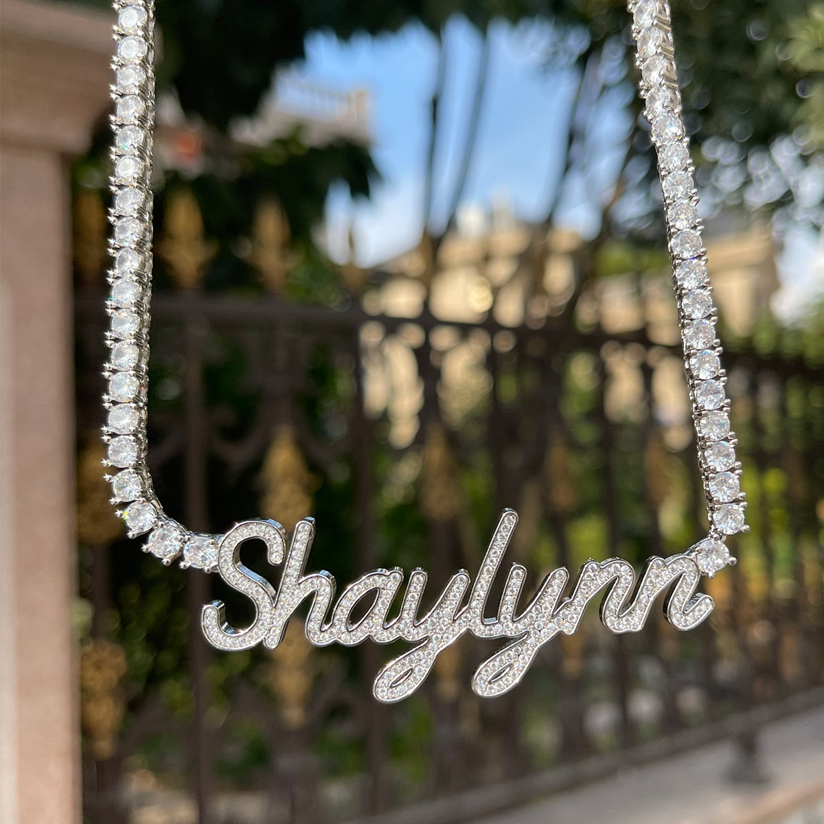 Iced-out Classy Girl custom name tennis necklace with personalized engraving and sparkling stones – Queendom Treasurez.