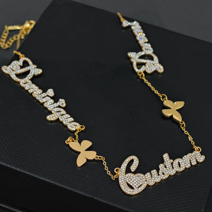 Crystal Custom Multi Name Necklace w/ Butterfly Charm - Queendom Treasurez 