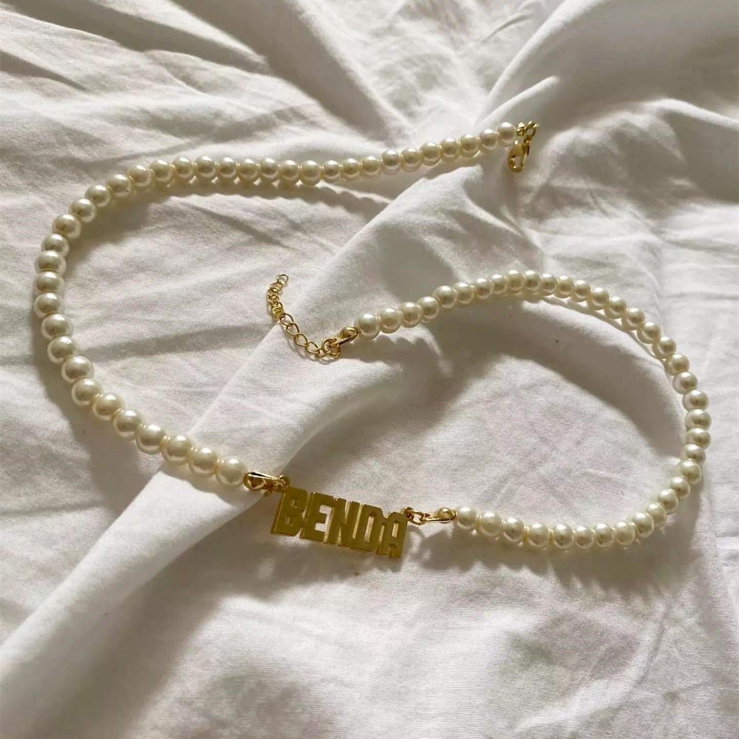 Custom name pearl necklace with personalized engraving and pearl accents, gold or silver finish – Queendom Treasurez.