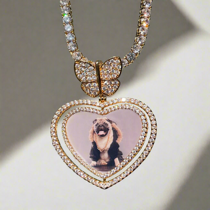 Iced Out Rotating Heart & Butterfly Bail Photo Medallion Necklace