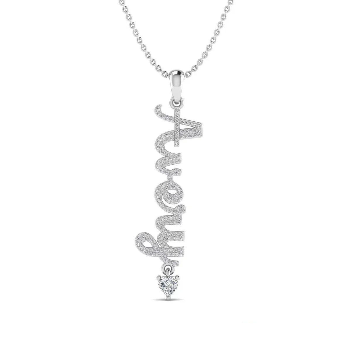 Silver necklace with 'Mom' pendant on a white background