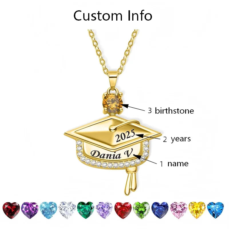 Gold graduation cap pendant with customizable birthstones and name and graduation year
