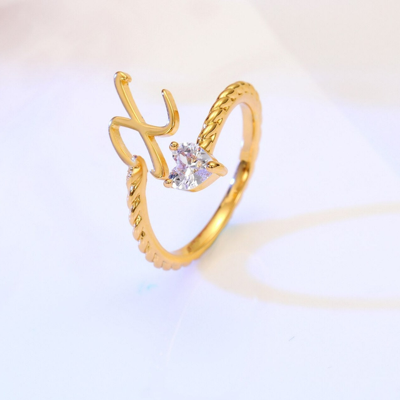 Custom Initial Letter Ring w/ Crystal Heart - Queendom Treasurez 