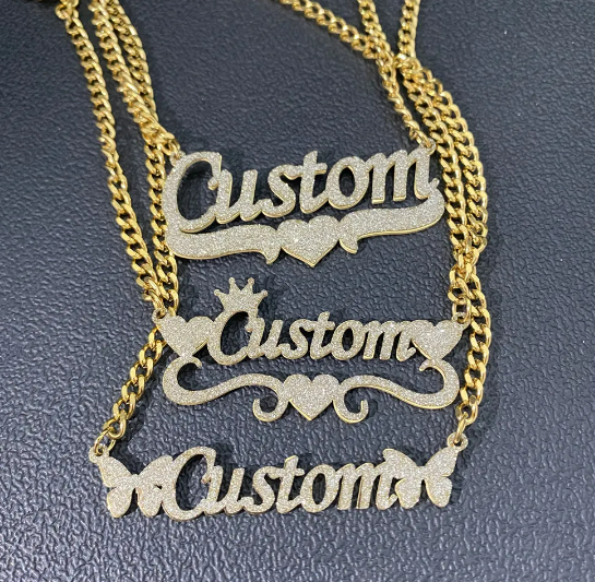 Glitter Bling Custom Crown Name Necklace With 3mm Cuban Chain - Queendom Treasurez 