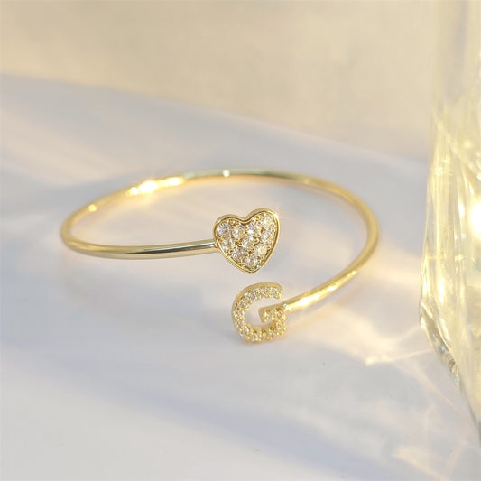Custom Initial Letter Heart Cuff Bangle Bracelet - Queendom Treasurez 