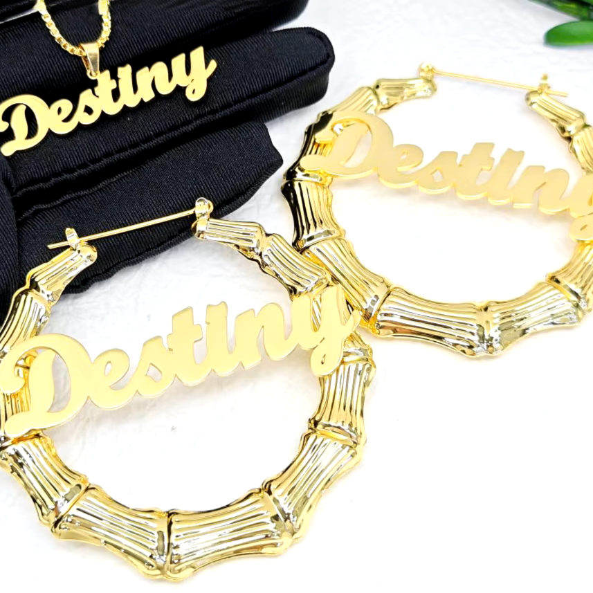 Custom Name Bamboo Hoop Earrings & Necklace Set