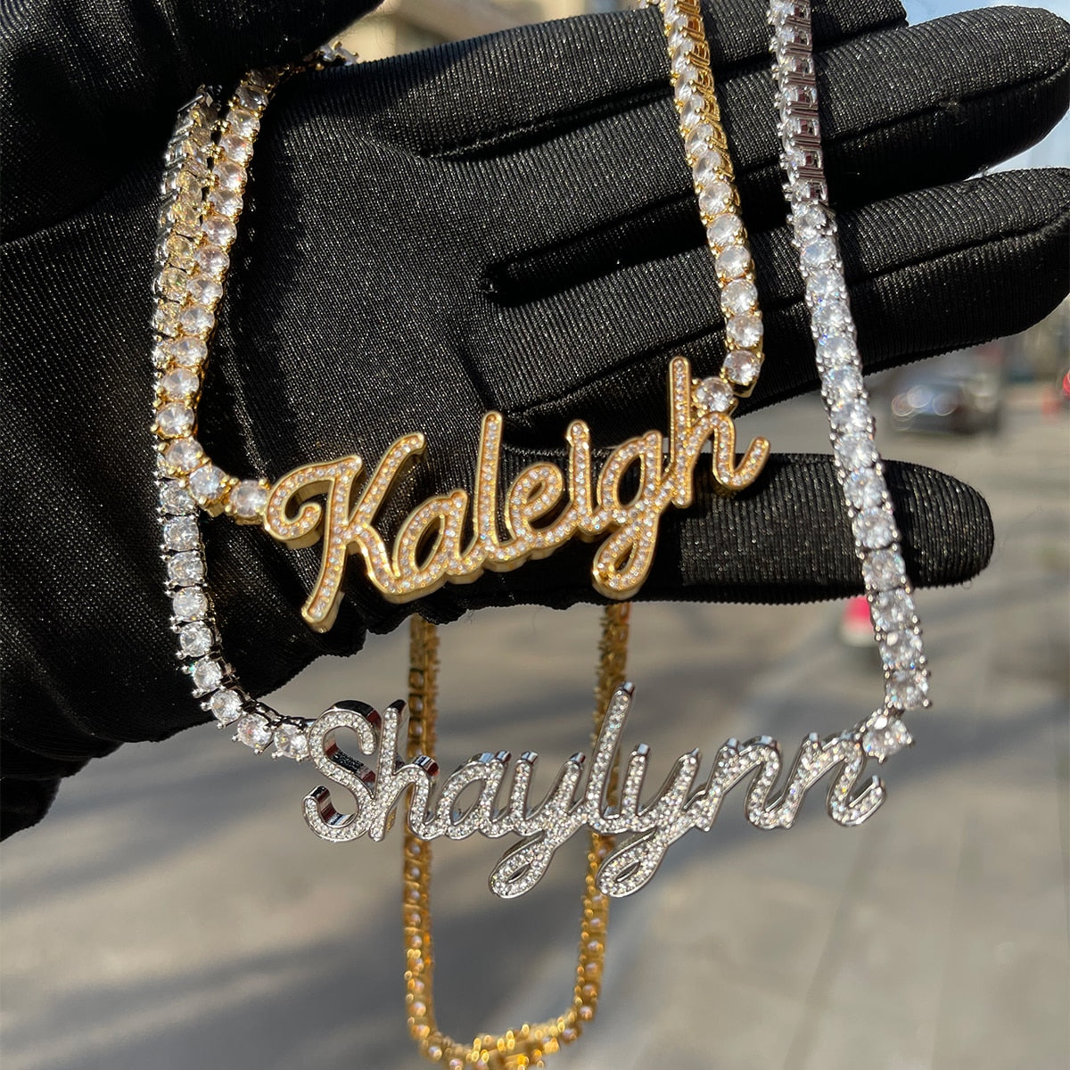 Iced-out Classy Girl custom name tennis necklace with personalized engraving and sparkling stones – Queendom Treasurez.