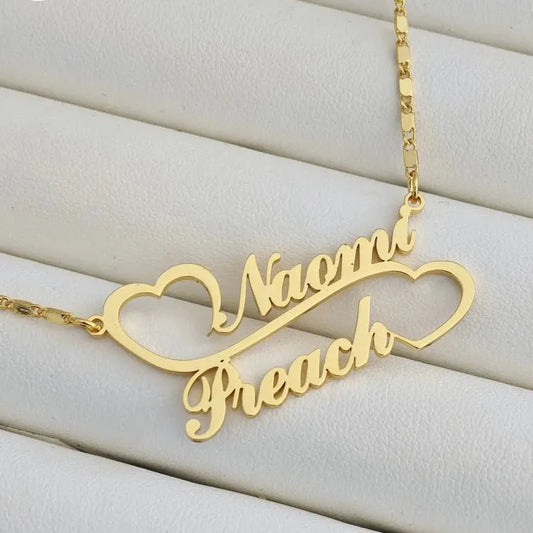 Double Heart Linked Custom Nameplate Necklace