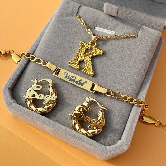 Children's Custom Initial Letter Necklace, Earring, & Bracelet Set - Queendom Treasurez 