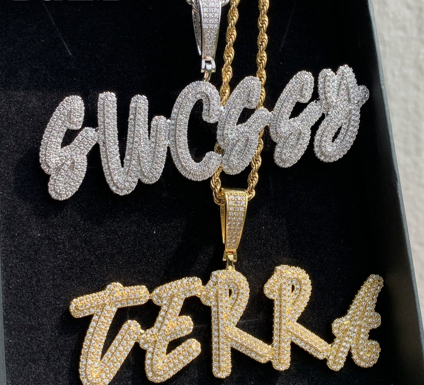 Custom double-layered iced name necklace with sparkling stones and personalized engraving – Queendom Treasurez.